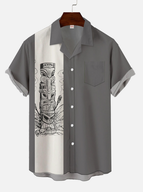 Eye-Catching 50S Gray Striped And Classic Tribal Tiki Printing Breast Pocket Cuban Collar Hawaiian Short Sleeve Shirt