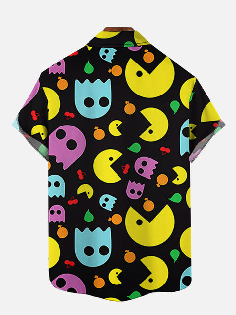 Colorful Cartoon Jellyfish And Yellow Incomplete Round Mouth Monster Printing Short Sleeve Shirt