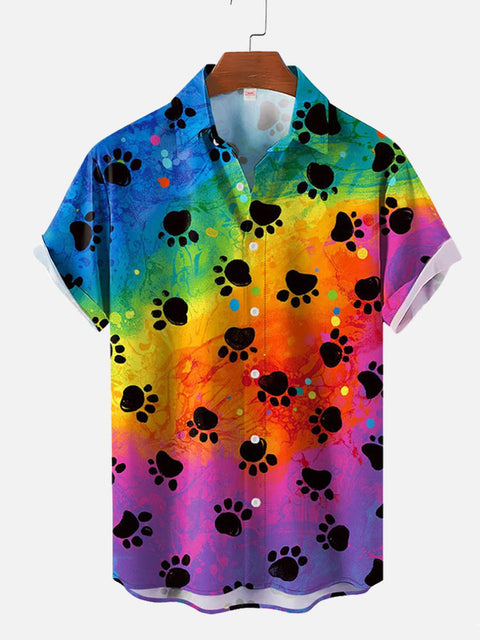 Rainbow Tie-Dye Ink Spill And Cat Footprints Printing Short Sleeve Shirt