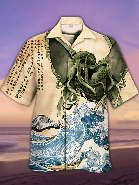 Eye-Catching Ukiyo-E Japanese Style Octopus Monster Ocean Waves Personalized Printing Cuban Collar Hawaiian Short Sleeve Shirt