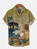 Fantasy Style Mysterious Oriental Antique Buildings, Cranes And Time Travel Box Printing Breast Pocket Short Sleeve Shirt