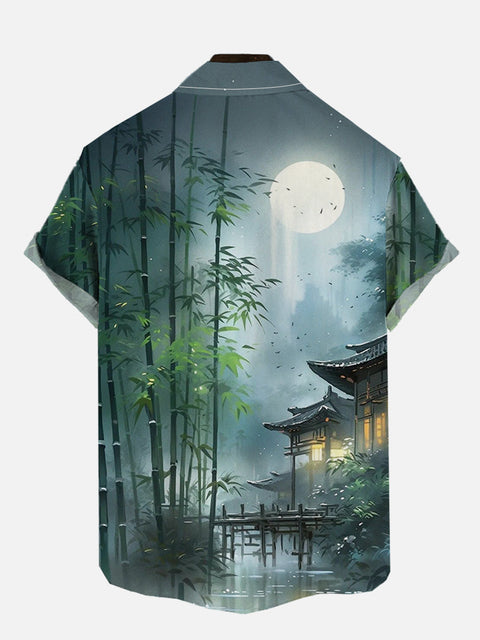 Mysterious Oriental Bamboo Forest And Ancient Pavilion Under Full Moon Printing Short Sleeve Shirt