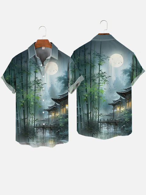 Mysterious Oriental Bamboo Forest And Ancient Pavilion Under Full Moon Printing Short Sleeve Shirt