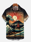 Ukiyo-E Japanese Art Mount Fuji Sunset And Giant Waves Printing Short Sleeve Shirt