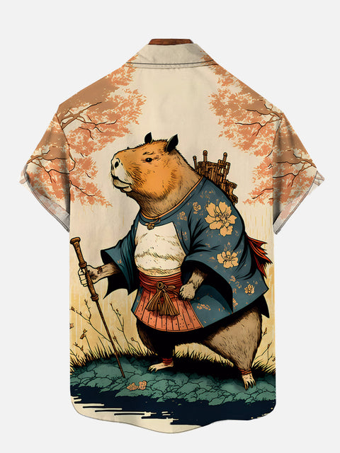 Ukiyo-E Art Japanese Style Cute Capybara Samurai Printing Short Sleeve Shirt