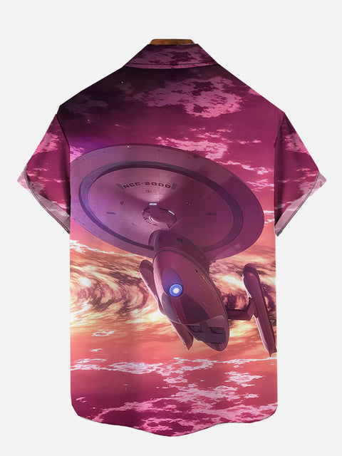 Purple Sci-Fi Colorful Sky And Spaceship Printing Short Sleeve Shirt
