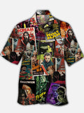 Eye-Catching Thriller Horror Movie Character Poster Patchwork Printing Cuban Collar Hawaiian Short Sleeve Shirt