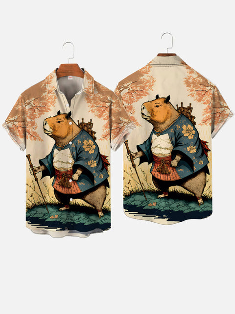 Ukiyo-E Art Japanese Style Cute Capybara Samurai Printing Short Sleeve Shirt