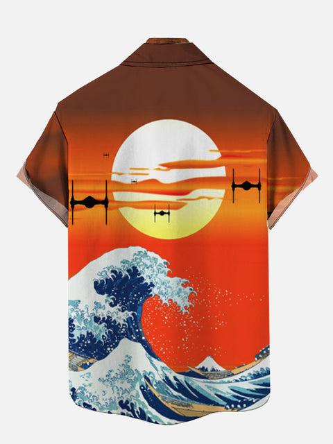 Ukiyo-E Orange Sunset Drones With Ocean Waves Personalized Printing Short Sleeve Shirt