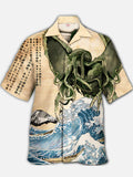 Eye-Catching Ukiyo-E Japanese Style Octopus Monster Ocean Waves Personalized Printing Cuban Collar Hawaiian Short Sleeve Shirt