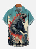 Hawaii Ukiyo-E Monster Art Roaring Godzilla And Onlookers Printing Short Sleeve Shirt