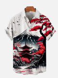 Ukiyo-e Japanese Style Ink Painting Mount Fuji And Ancient Building Pavilion Printing Short Sleeve Shirt