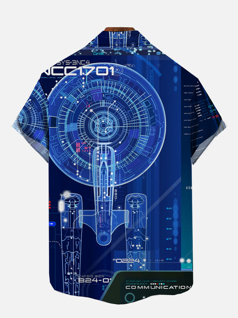 Retro Blue Poster Science Fiction Spaceship Diagram Printing Breast Pocket Short Sleeve Shirt