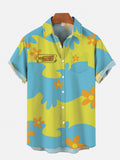Blue And Green Color Matching Hippie Bus Flower Pattern Cartoon Costumes Breast Pocket Short Sleeve Shirt