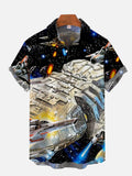 Sci-Fi Starry Universe And Futuristic Spaceship Printing Short Sleeve Shirt
