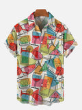 Abstract Cartoon Colorful Hand Drawn Martini Cups And Glasses Printing Breast Pocket Short Sleeve Shirt