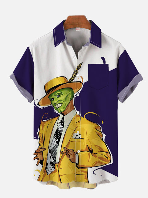 White And Purple Stitching Mask Man Printing Breast Pocket Short Sleeve Shirt
