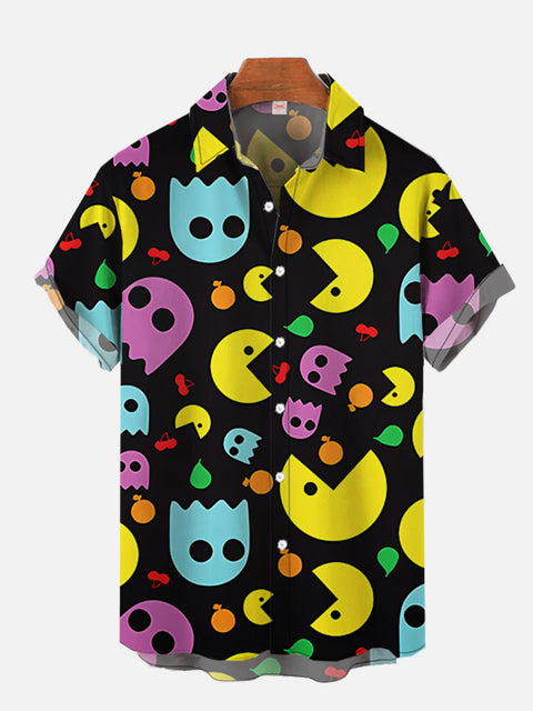 Colorful Cartoon Jellyfish And Yellow Incomplete Round Mouth Monster Printing Short Sleeve Shirt
