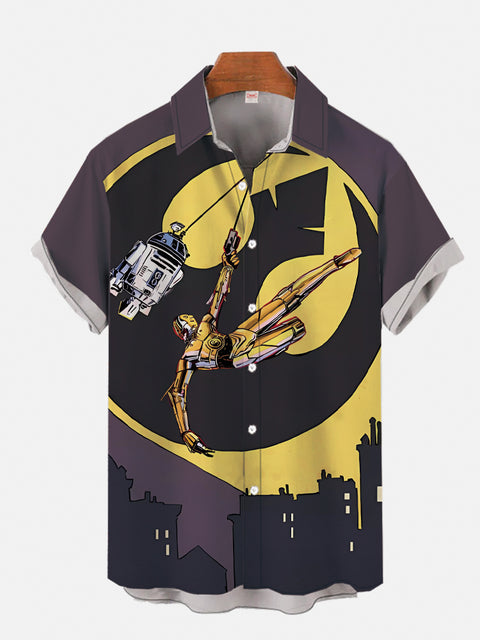 Space War Sci-Fi Robots And Moon City Silhouette Printing Short Sleeve Shirt