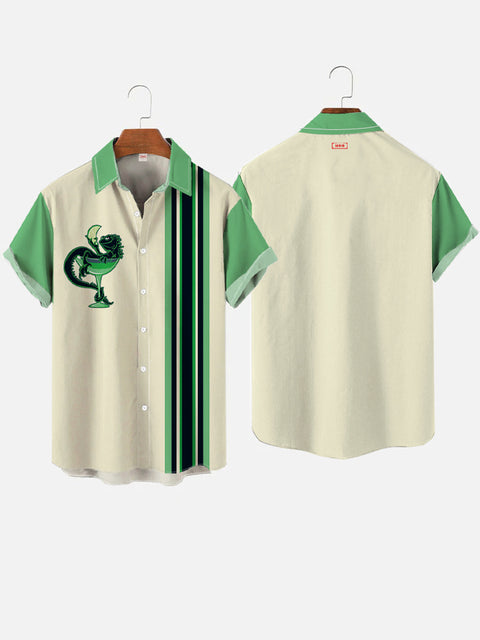 Vacation Style Green Color Matching Stripes And Lizard Cider Printing Short Sleeve Shirt