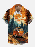 Mountain Forest Sunrise And Retro Mini Hippie Bus Printing Short Sleeve Shirt