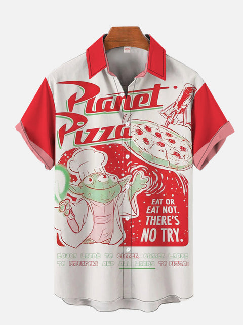 Retro Red And White Cartoon Monster Pizza Shop Poster Printing Short Sleeve Shirt