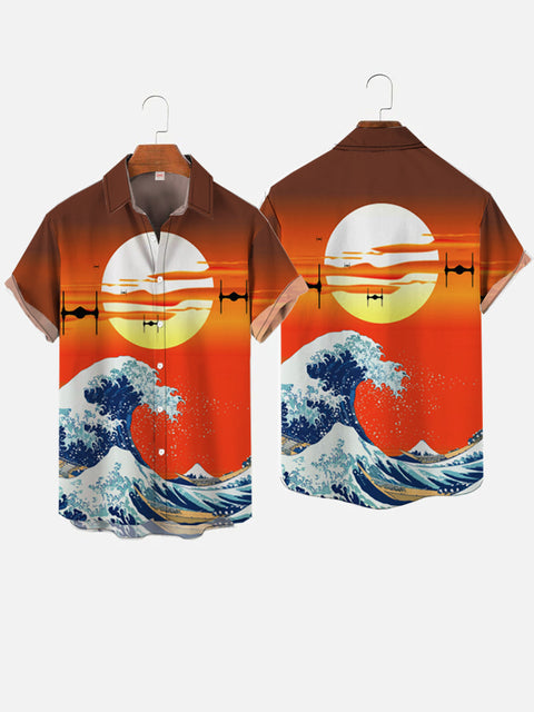 Ukiyo-E Orange Sunset Drones With Ocean Waves Personalized Printing Short Sleeve Shirt