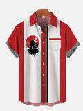 Retro Red And White Stitching Space Samurai And Planet Printing Short Sleeve Shirt