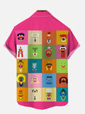 Colorful Color Block Splicing Cartoon Characters on Pink Printing Short Sleeve Shirt