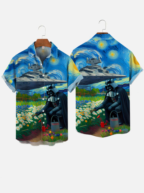 Classic Famous Painting Starry Sky And Space Wars Samurai Flower Farmer Printing Short Sleeve Shirt