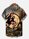 Vintage Pin Up Art Halloween Night Flying Broomstick And Girl Witch Printing Short Sleeve Shirt