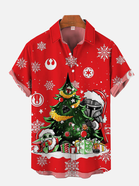 Red Merry Christmas Warm Winter Christmas Tree And Space Samurai Printing Short Sleeve Shirt