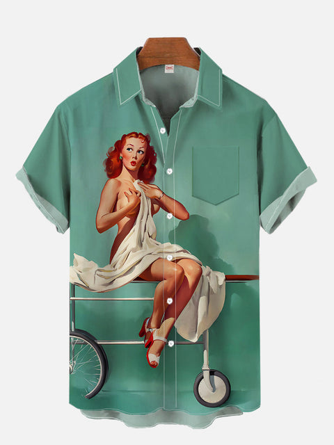Cyan Vintage Pin Up Girl Poster Sexy Beauty Printing Breast Pocket Short Sleeve Shirt
