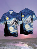 Eye-Catching Classic Famous Painting Starry Sky And Spaceship Printing Cuban Collar Hawaiian Short Sleeve Shirt