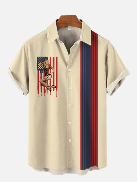 Vintage Camping Striped American Flag And Beauty Printing Short Sleeve Shirt