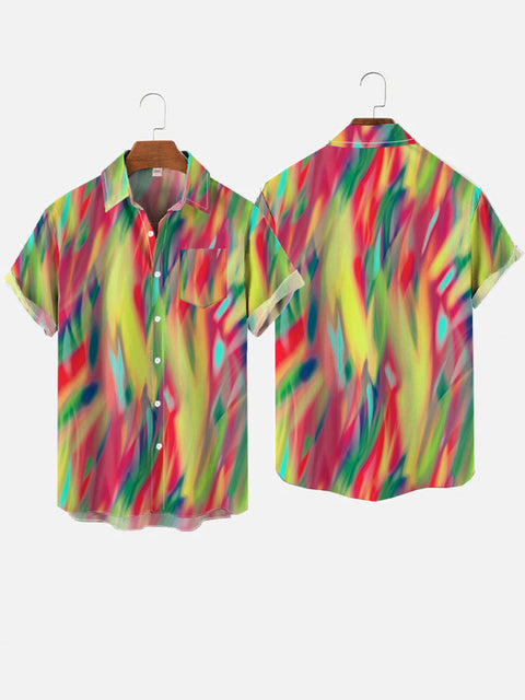 Hawaii Fashion Rainbow Abstract Pattern Printing Breast Pocket Short Sleeve Shirt