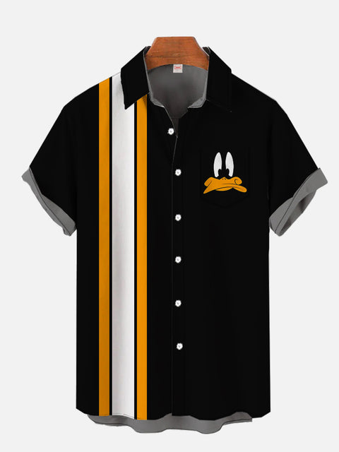 Retro Orange And Black Stripe And Duck Pattern Cartoon Costume Short Sleeve Shirt