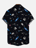 Sci-Fi Blue Flashing Star And Star Swirl Space Battle Element Planet And Spaceship Printing Breast Pocket Short Sleeve Shirt