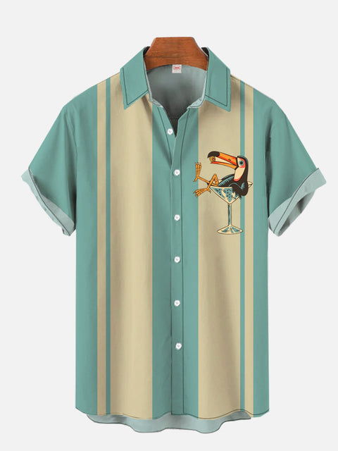 Retro Teal And Wheat Stripes And Toucan In Champagne Glass Printing Printing Short Sleeve Shirt