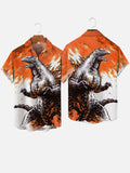 White And Orange Watercolor Splicing Behemoth Monster Godzilla Printing Short Sleeve Shirt