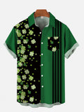 St. Patrick'S Day Black And Green Stripes And Four-Leaf Clovers Printing Breast Pocket Short Sleeve Shirt