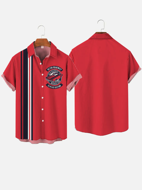 50s Red And Black Striped Classic Car Printing Short Sleeve Shirt
