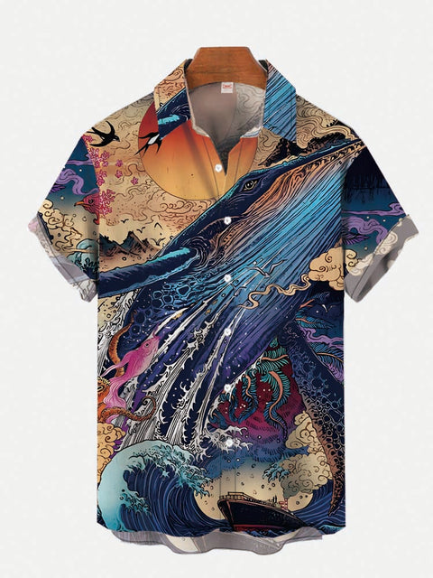 Ukiyo-e Ocean Waves With Giant Blue Whale Printing Short Sleeve Shirt