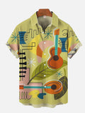 Vintage Hawaiian Geometry And Floral Painting Guitar Printing Short Sleeve Shirt