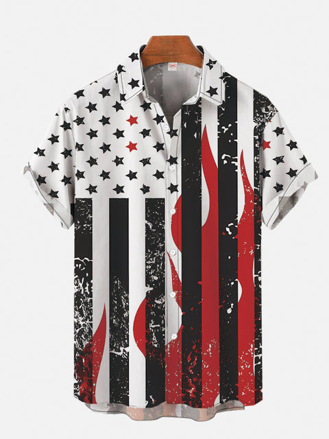 Vintage Flame And Black And White American Flag Printing Short Sleeve Shirt