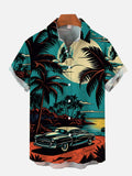 Cyan Hawaii Night Cartoon Beach And Retro Car Printing Short Sleeve Shirt