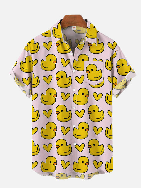 Hawaii Cartoon Hand Drawn Cartoon Yellow Duck And Heart Printing Breast Pocket Short Sleeve Shirt