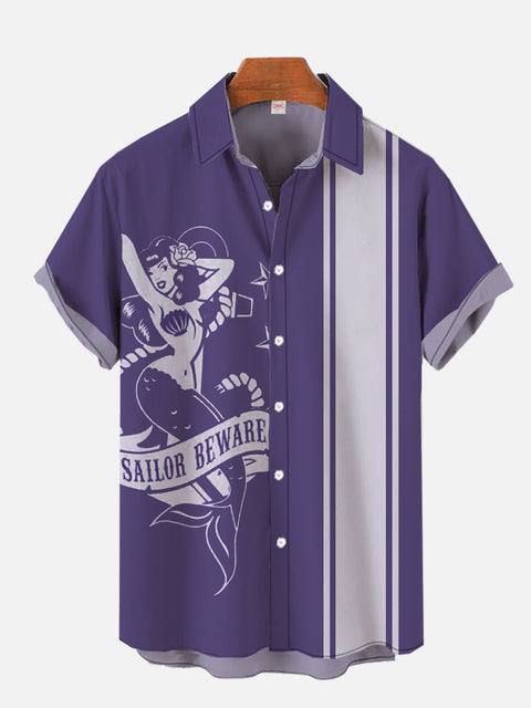 Vintage Purple Stripe Tattoo Style Mermaid Printing Short Sleeve Shirt