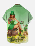 Vintage Pin Up Art St. Patrick'S Day Lady In Green Dress And Gnome Printing Breast Pocket Short Sleeve Shirt