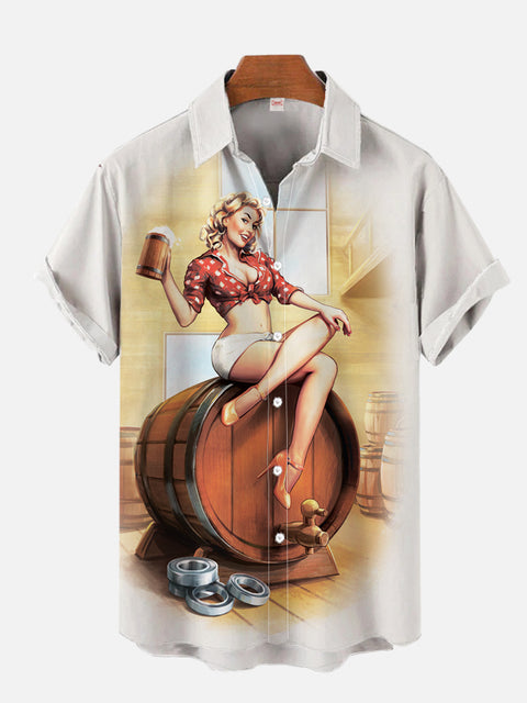 Vintage Pin Up Girl Poster Beer Barrel And Beauty Printing Short Sleeve Shirt